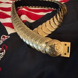 70’s-80’s Vintage Gold-Tone Metal Coin Belt with Ornate Design